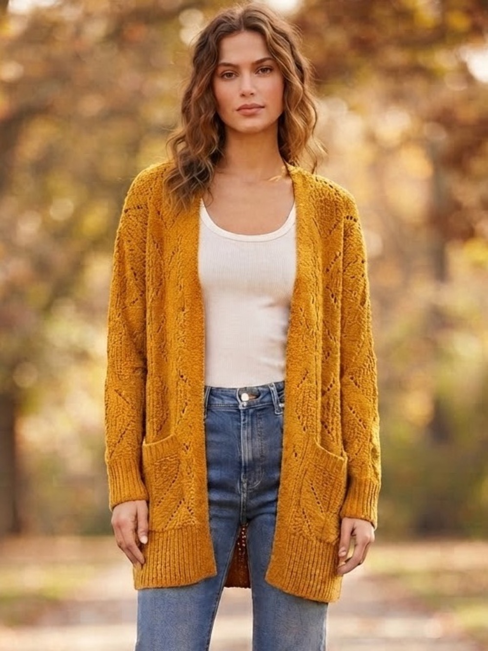 Pink Rose Cozy Open-Front Mustard Cable Knit Cardigan Sweater Size Large